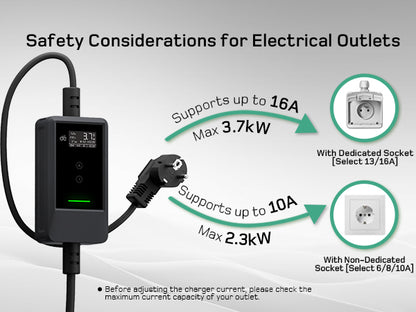 Dé EV Oplader 3.7kW | Schuko | Type 2 | Draagbaar | Instelbaar 6A-16A | 7-25m kabel