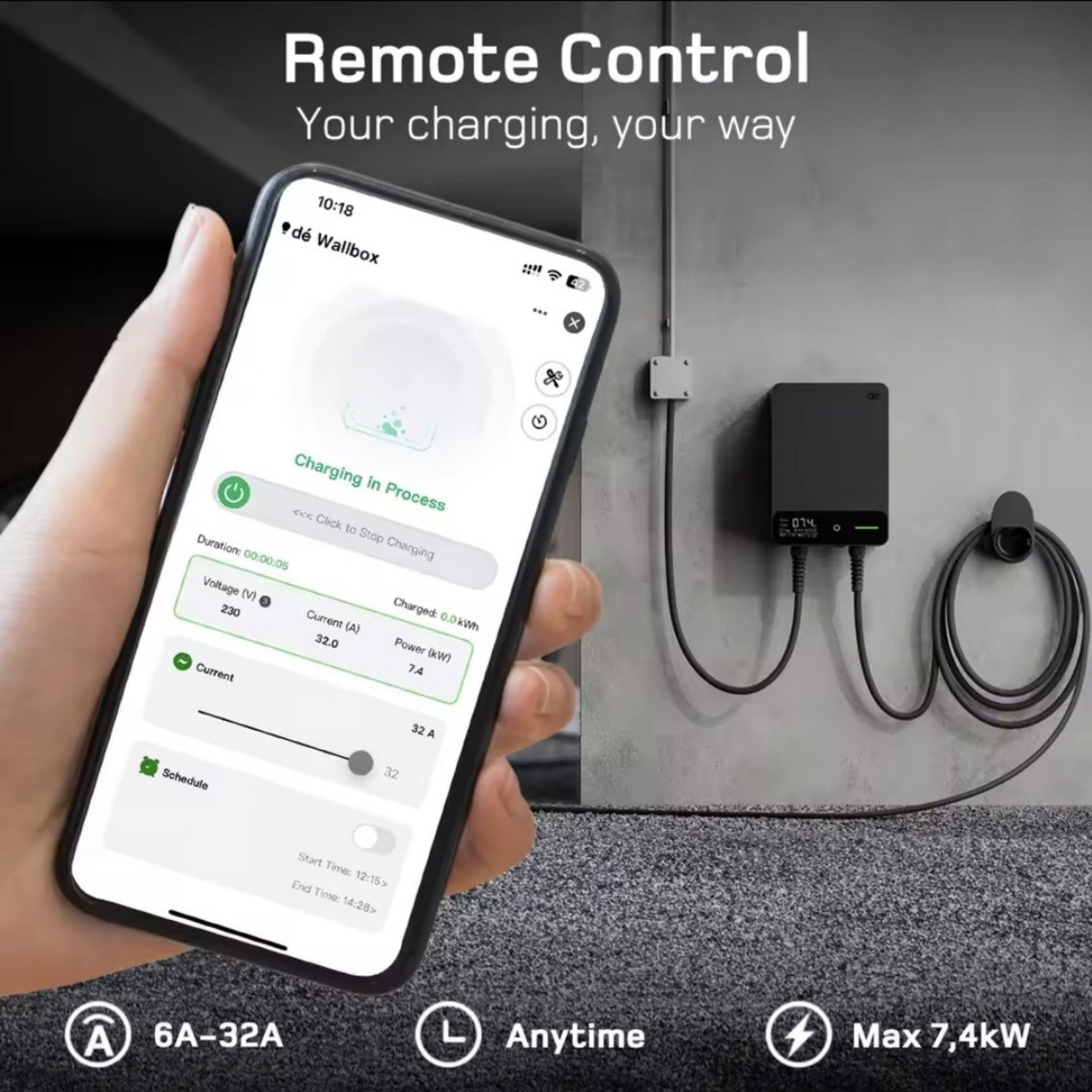 Wallbox Home 7,4 kW – Slimme EV Lader met App & RFID | Type 2 | Zwart/Wit - BlackCharge 5 meter / Zwart