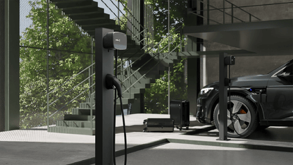 Witte uitvoering van de Wallbox Commander 2S geïnstalleerd op een muur