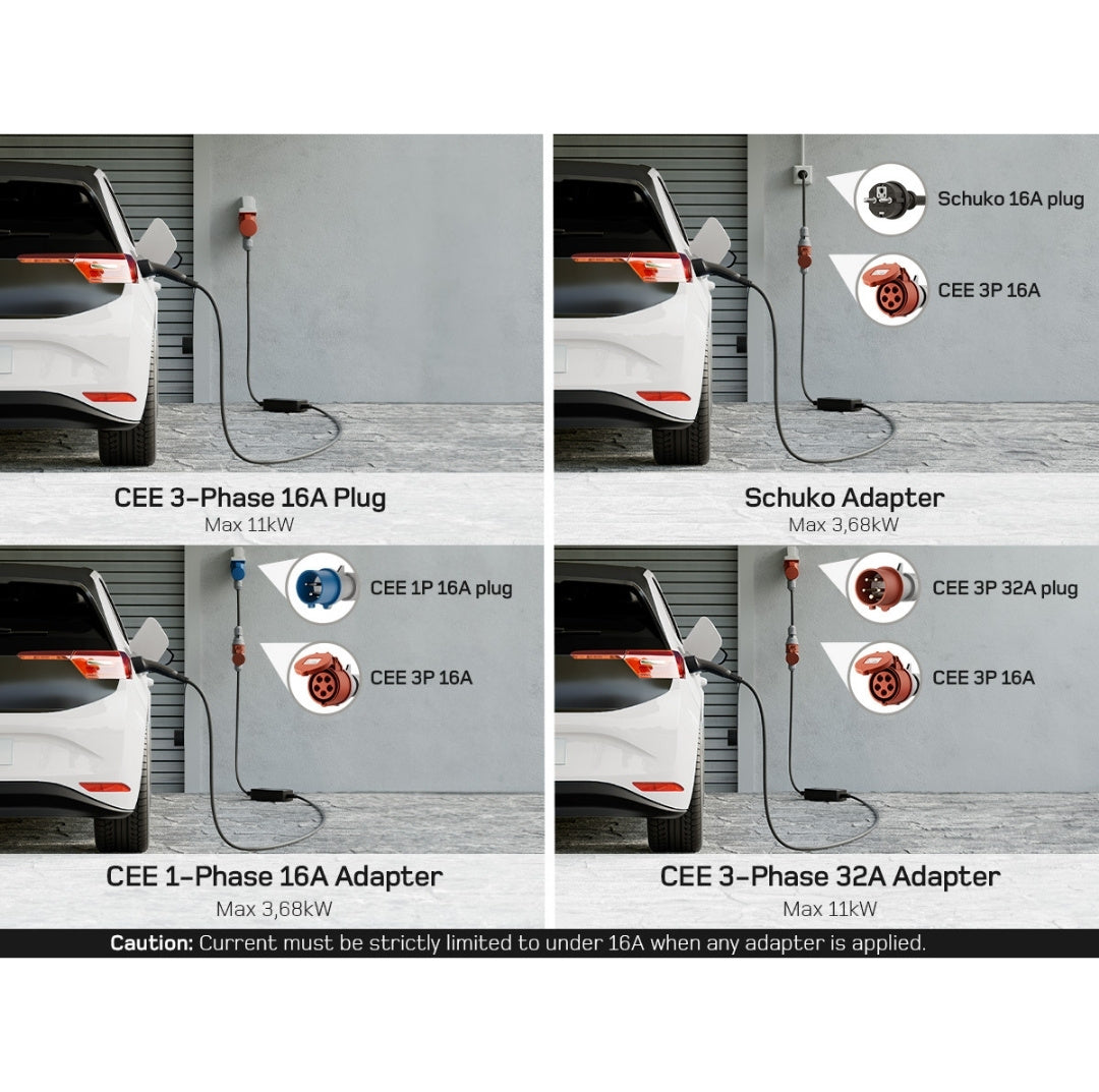 dé® 11kW Mobiele EV Thuislader – Type 2 | 7m–25m | Incl. CEE–Schuko verloop & kabelhouder