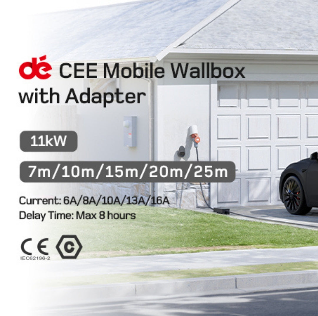 dé® 11kW Mobiele EV Thuislader – Type 2 | 7m–25m | Incl. CEE–Schuko verloop & kabelhouder