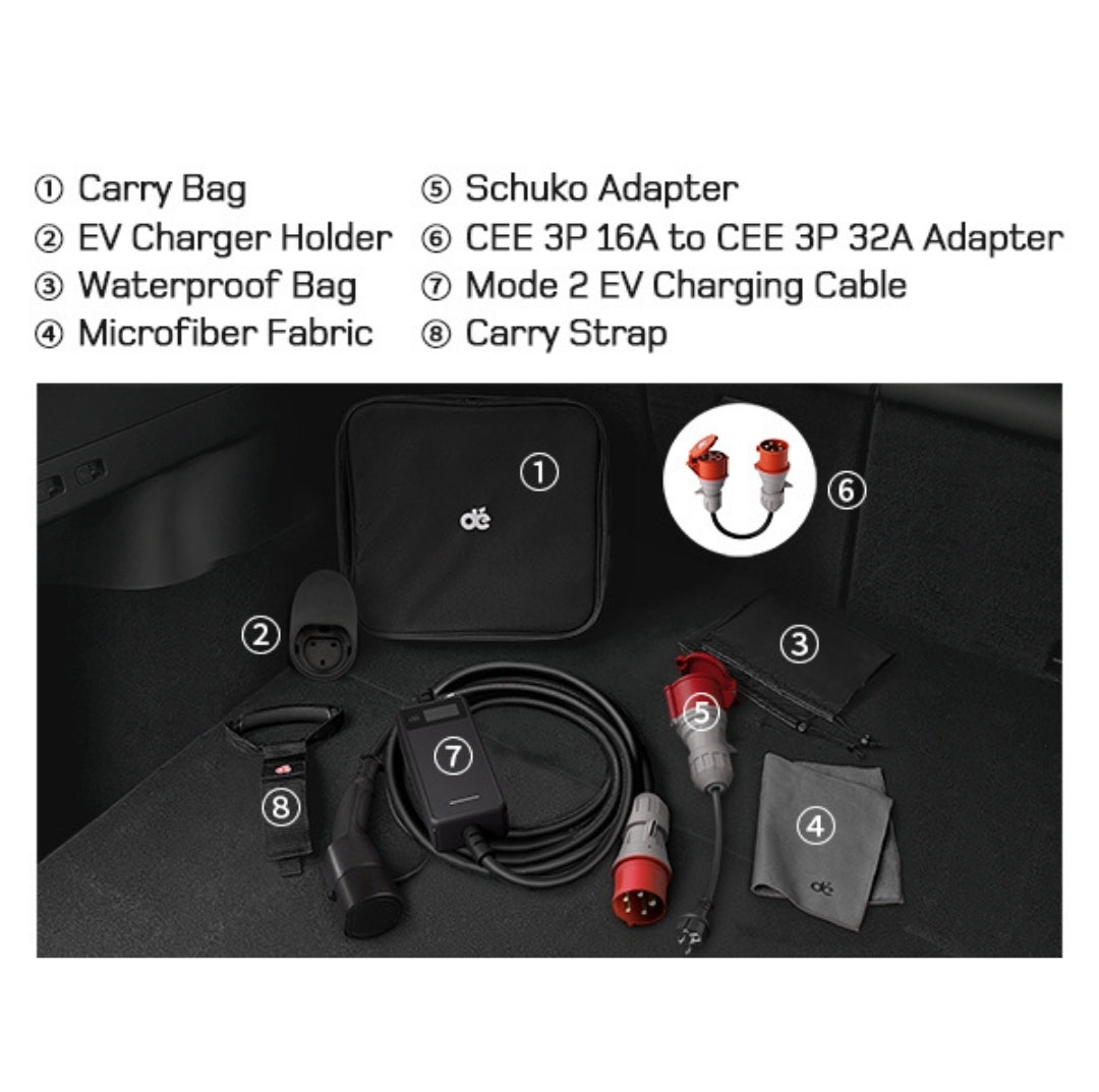 dé® 11kW Mobiele EV Thuislader – Type 2 | 7m–25m | Incl. CEE–Schuko verloop & kabelhouder